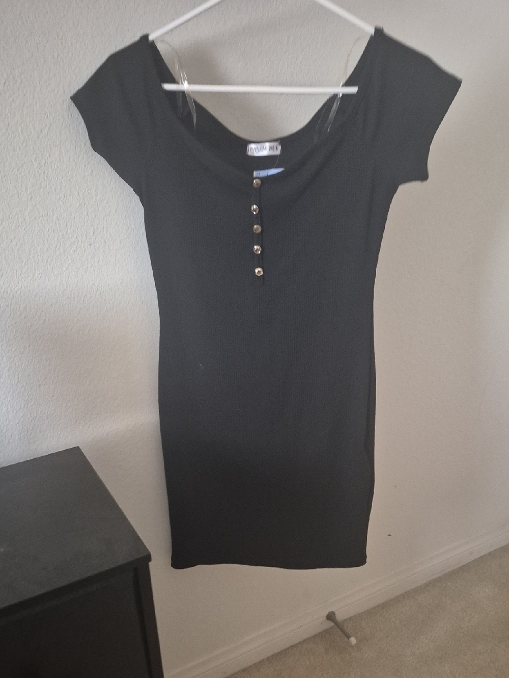 Black Ribbed Button-Front Women's Dress